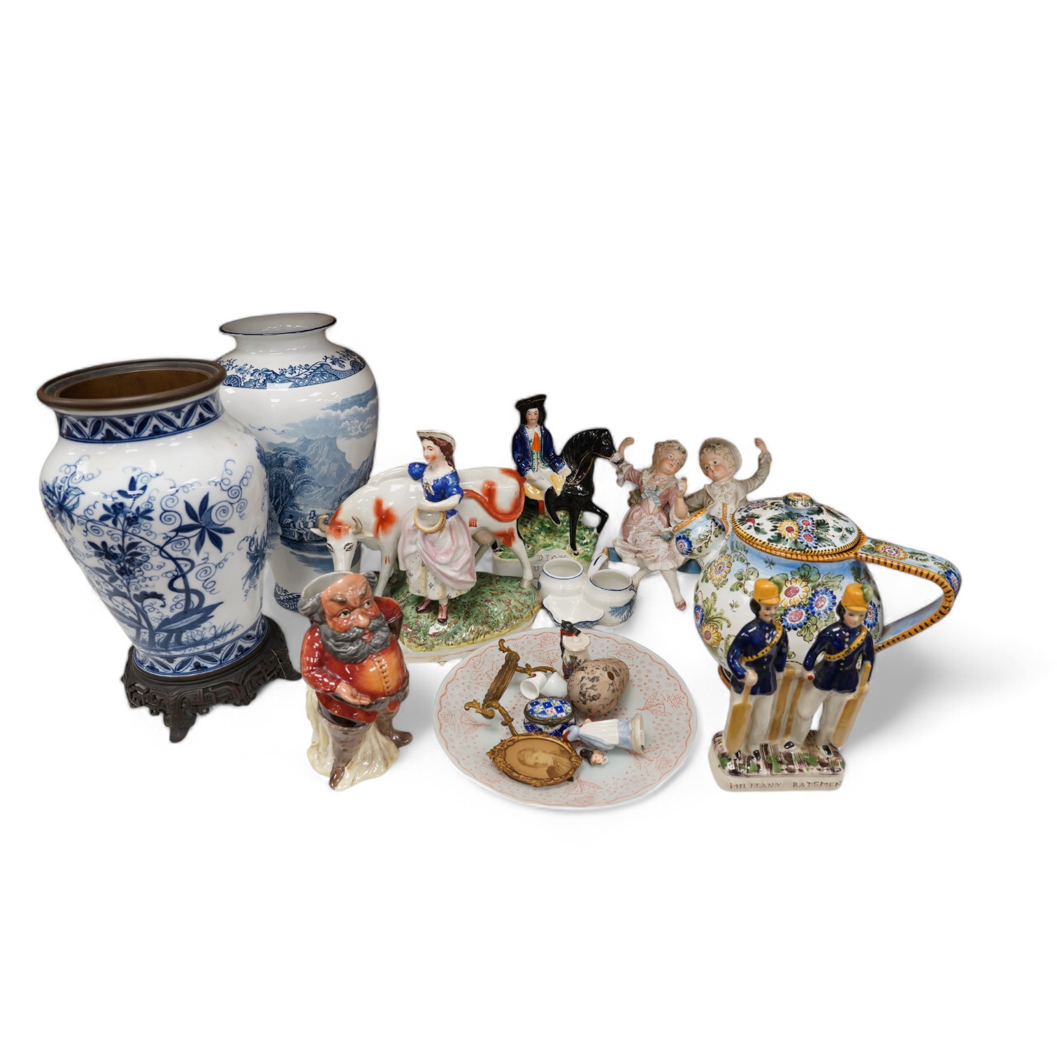 Miscellaneous ceramic ornaments including a continental majolica pot, Staffordshire, etc. Condition - varies